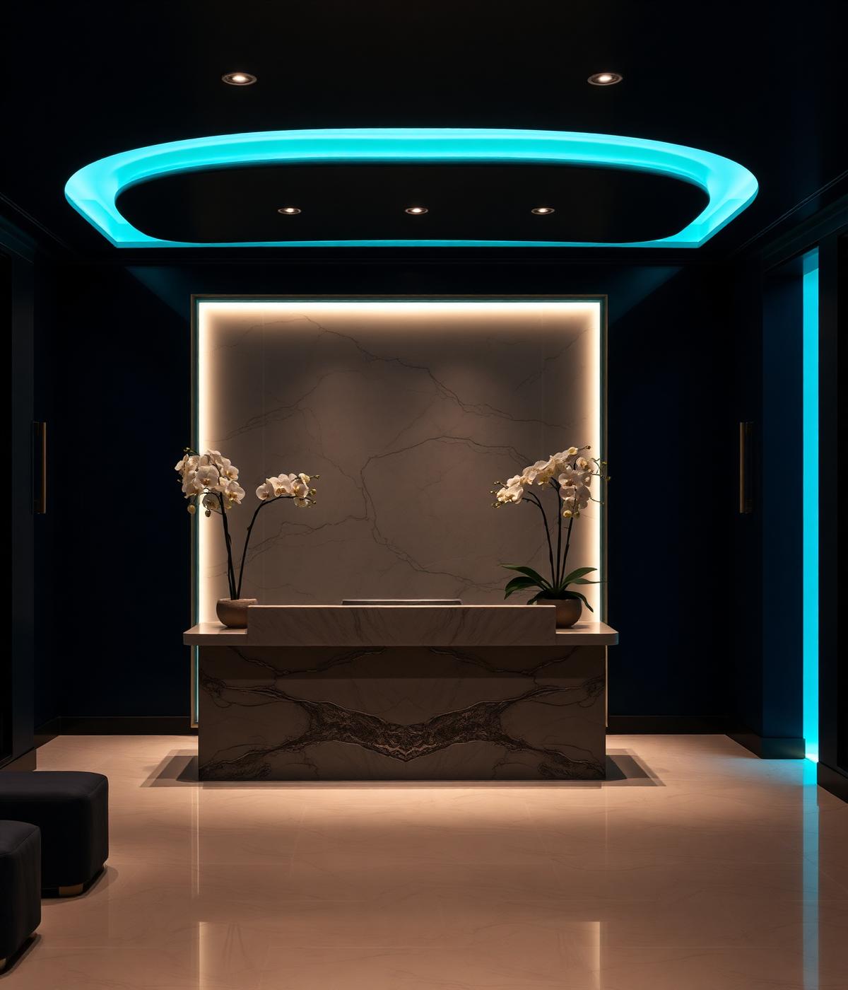 Blue Heaven Spa reception with marble desk, orchids and teal cove lighting