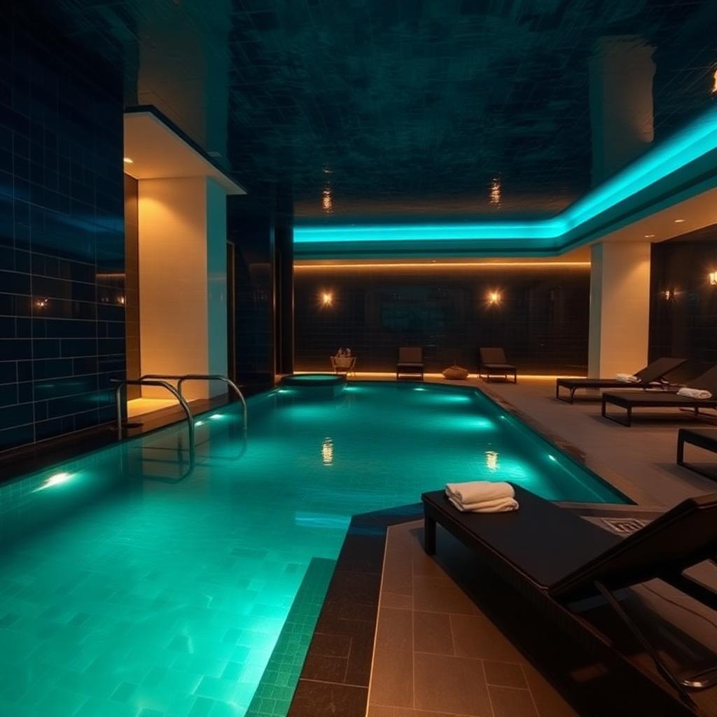 Indoor spa pool lit in teal with loungers alongside