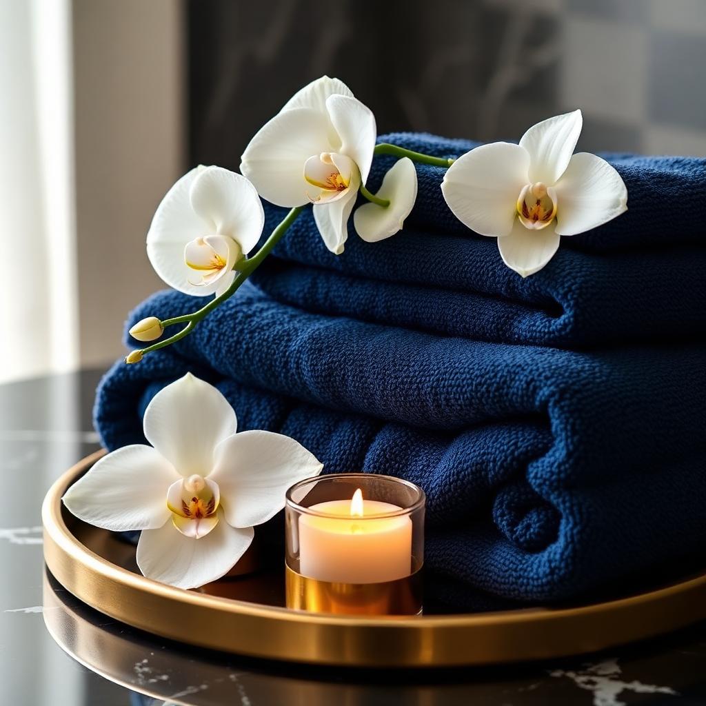 Navy towels, orchid and a candle on a brass tray