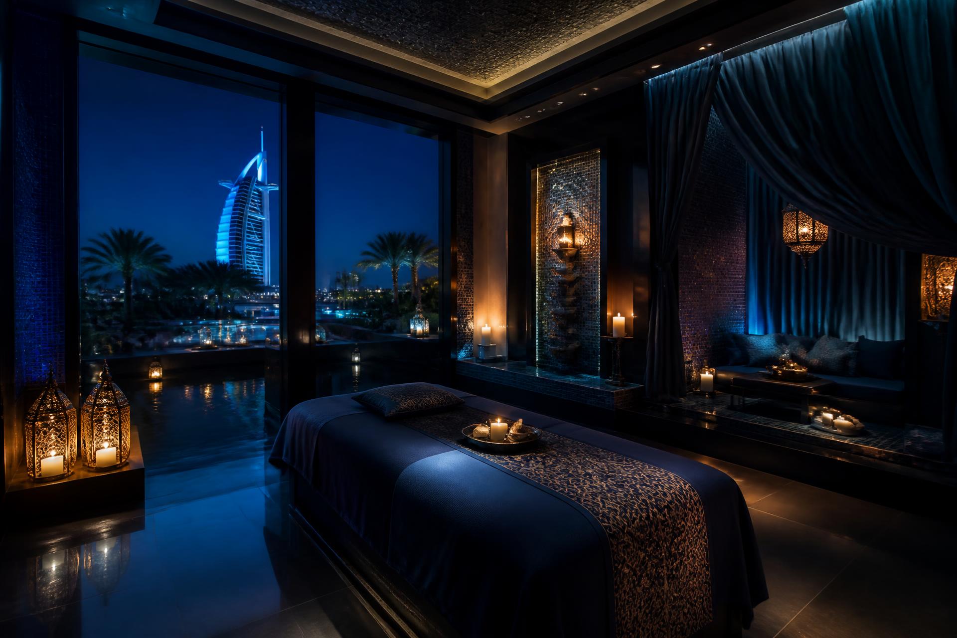 Candlelit treatment room at Blue Heaven Spa overlooking the Dubai skyline at night