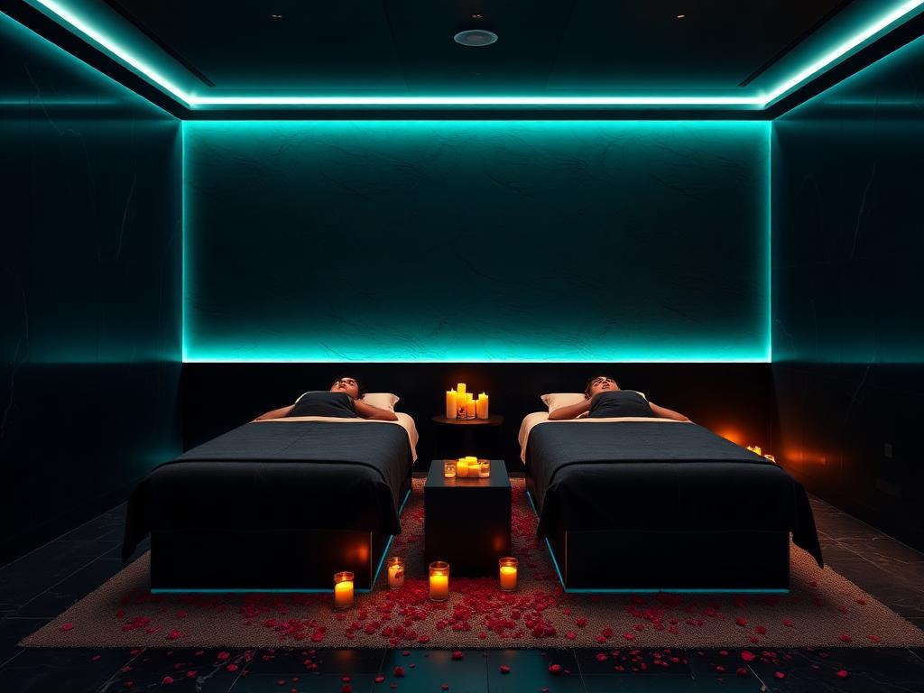 Couples massage suite with two beds, candles and rose petals