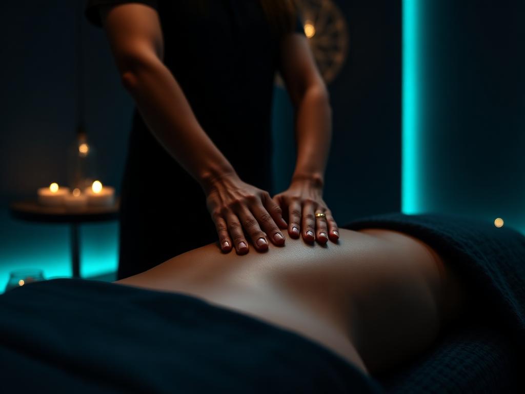Therapist performing a deep tissue back massage in a dark candlelit room