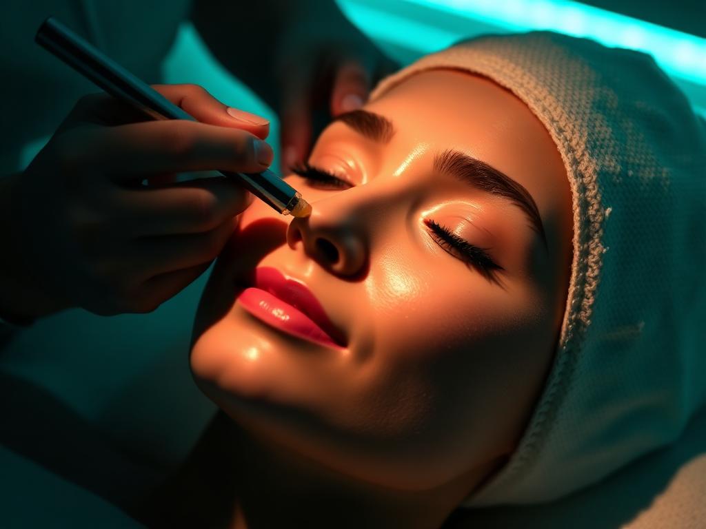 Facial treatment with serum being applied under soft teal light